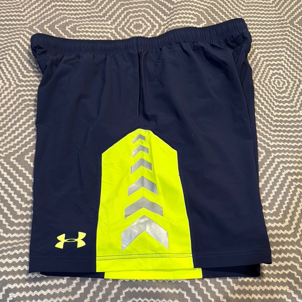 Under Armour Combine Authentic Men's Blue and Neon Yellow Athletic Shorts - Picture 3 of 6